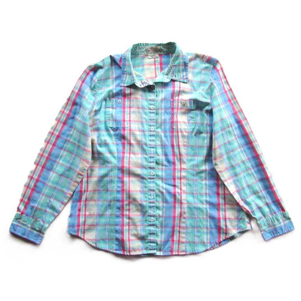 Van Heusen Women Shirt Plaid Green Long Sleeves Button Down Contrasting Collar
